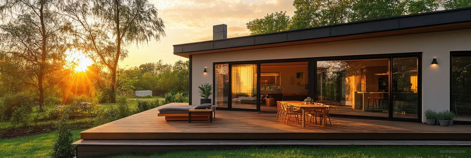 Sunset-lit modern house terrace shows wooden lounge furniture, outdoor table, and lush garden greenery.
