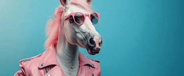 Stylish anthropomorphic horse in pink leather jacket and sunglasses posing against pastel backdrop