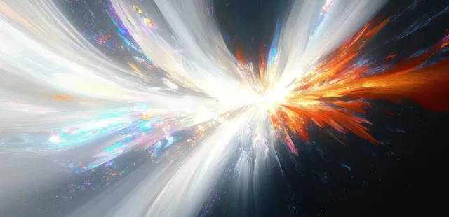 Abstract light explosion with radiant beams, orange and blue streaks bursting into dark space