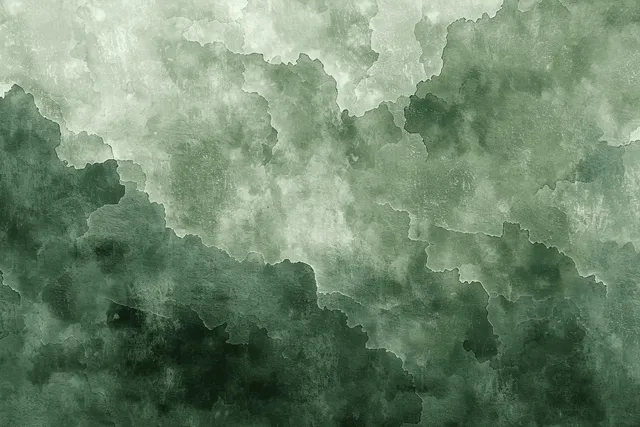 Green-gray watercolor cloud wash background with cloudy texture and paper-grain speckles