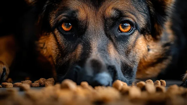 A somber dog with amber eyes lies down as dry kibble is scattered in front of it indoors.