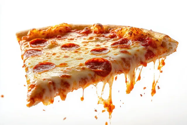 A pepperoni pizza slice with melted cheese stretching and dripping from a golden crust on a white background.