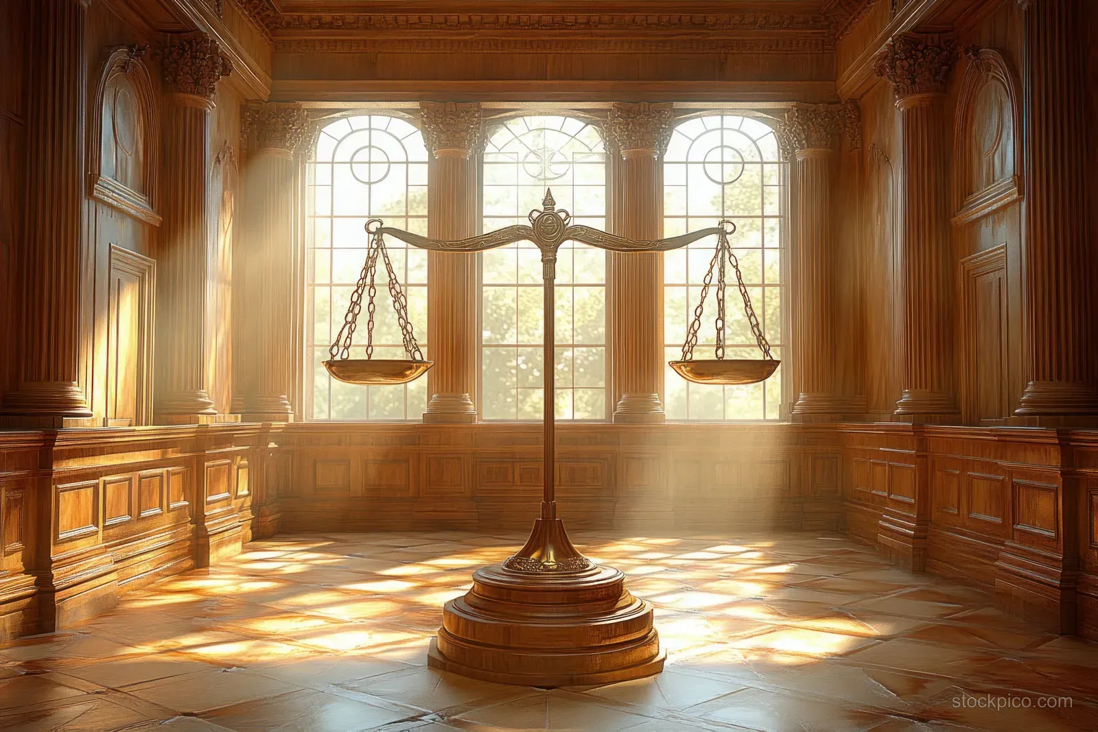 A lawyer and businesswoman confer with contract documents beside a courtroom scale under bright sunlit windows.
