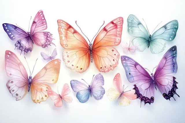 Watercolor butterflies in pastel hues flutter across a bright paper background
