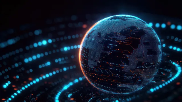 Glowing digital globe with circuit rings and neon blue and orange particles forming a connected network in the dark.