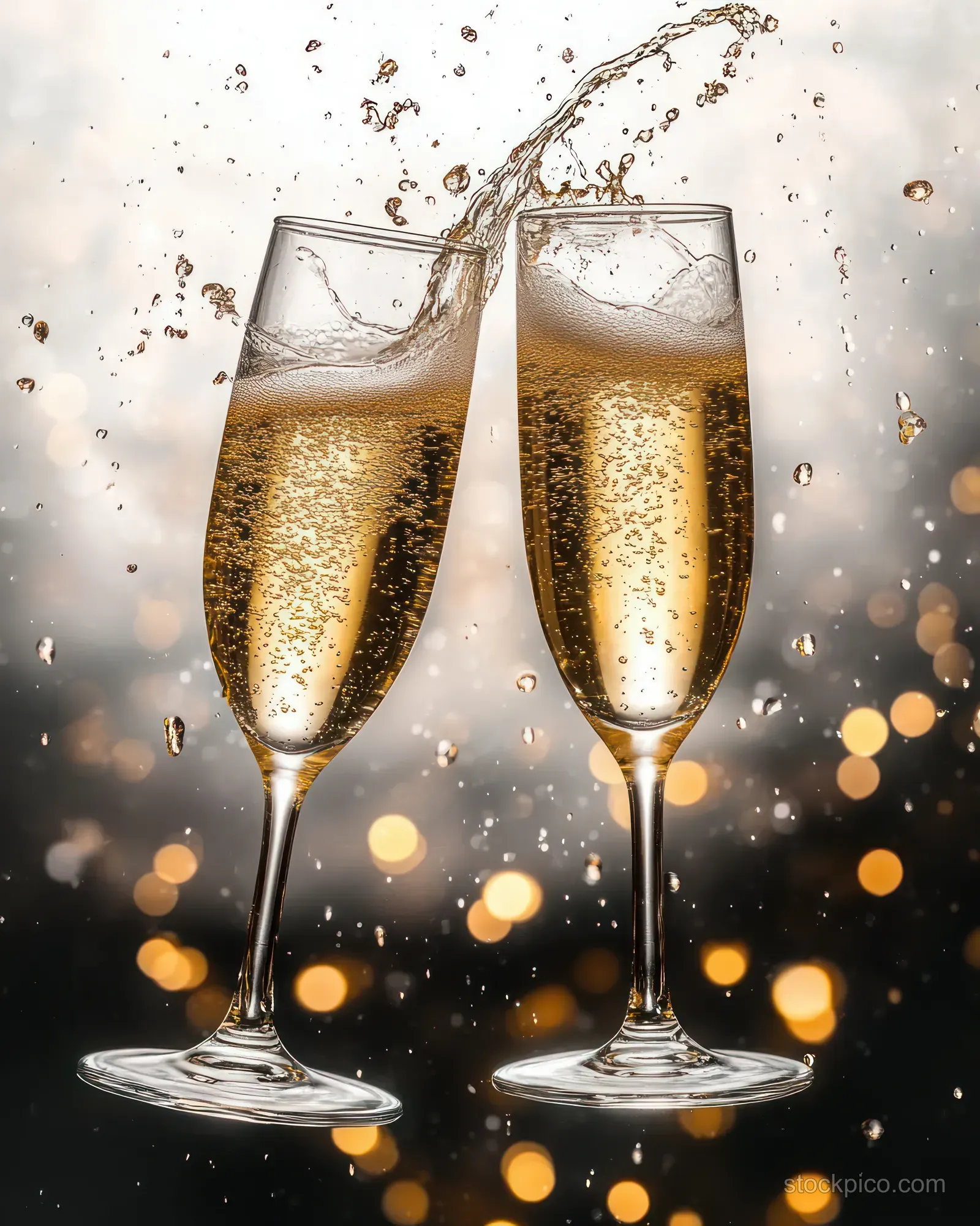 Two champagne flutes clink with golden sparkling drink splashing and warm festive bokeh lights behind them.
