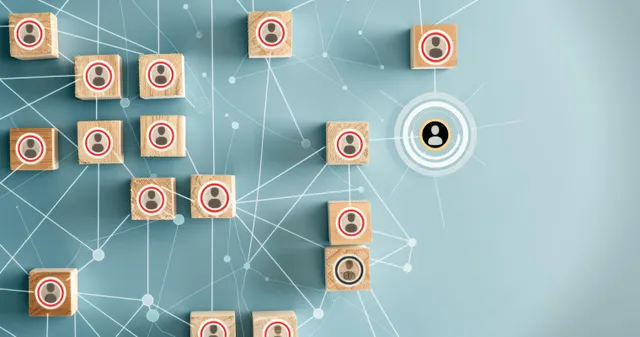 Network of target icons connecting HR and customer support figures on light blue background