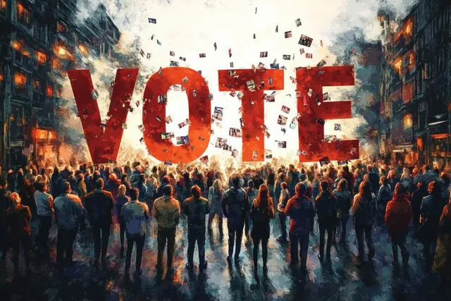 Crowd forms the word VOTE with red confetti bursts and dramatic city lighting