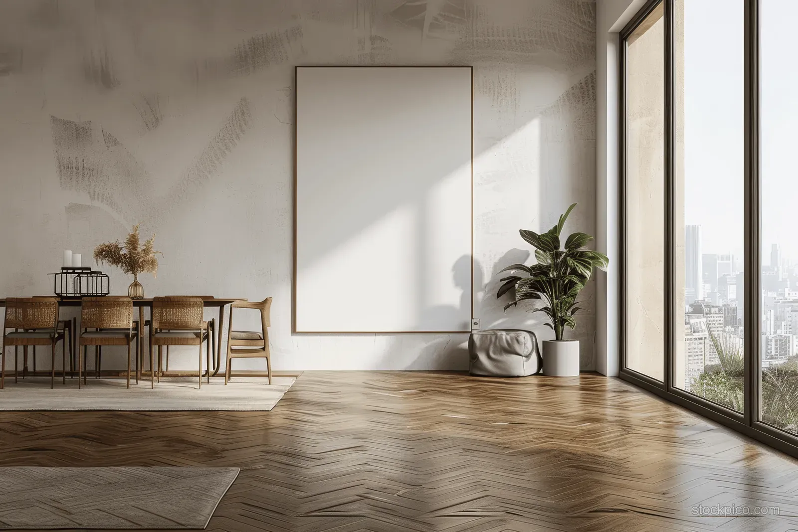 Sunlit modern living room with a blank canvas frame, wooden dining table, potted plant, and city skyline beyond large windows.