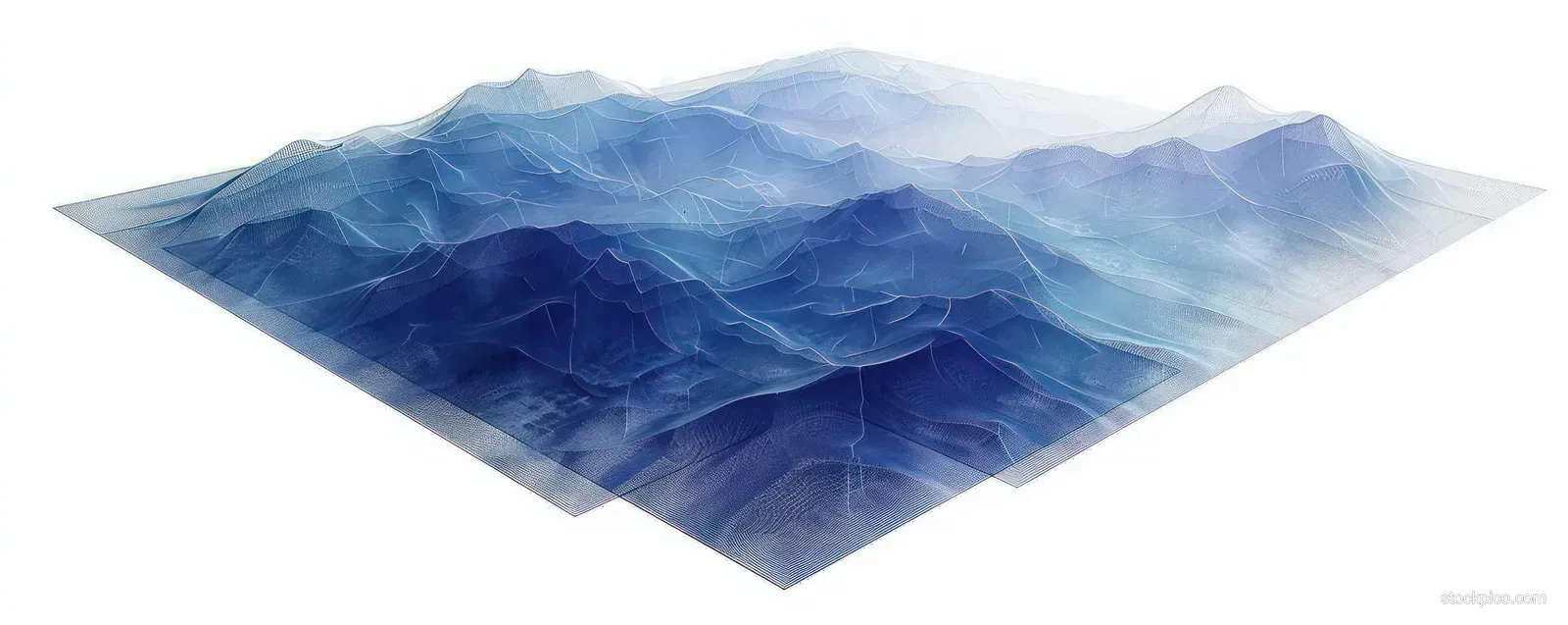 Three overlapping translucent topographic map layers with blue and purple contour lines shape a mountain terrain.