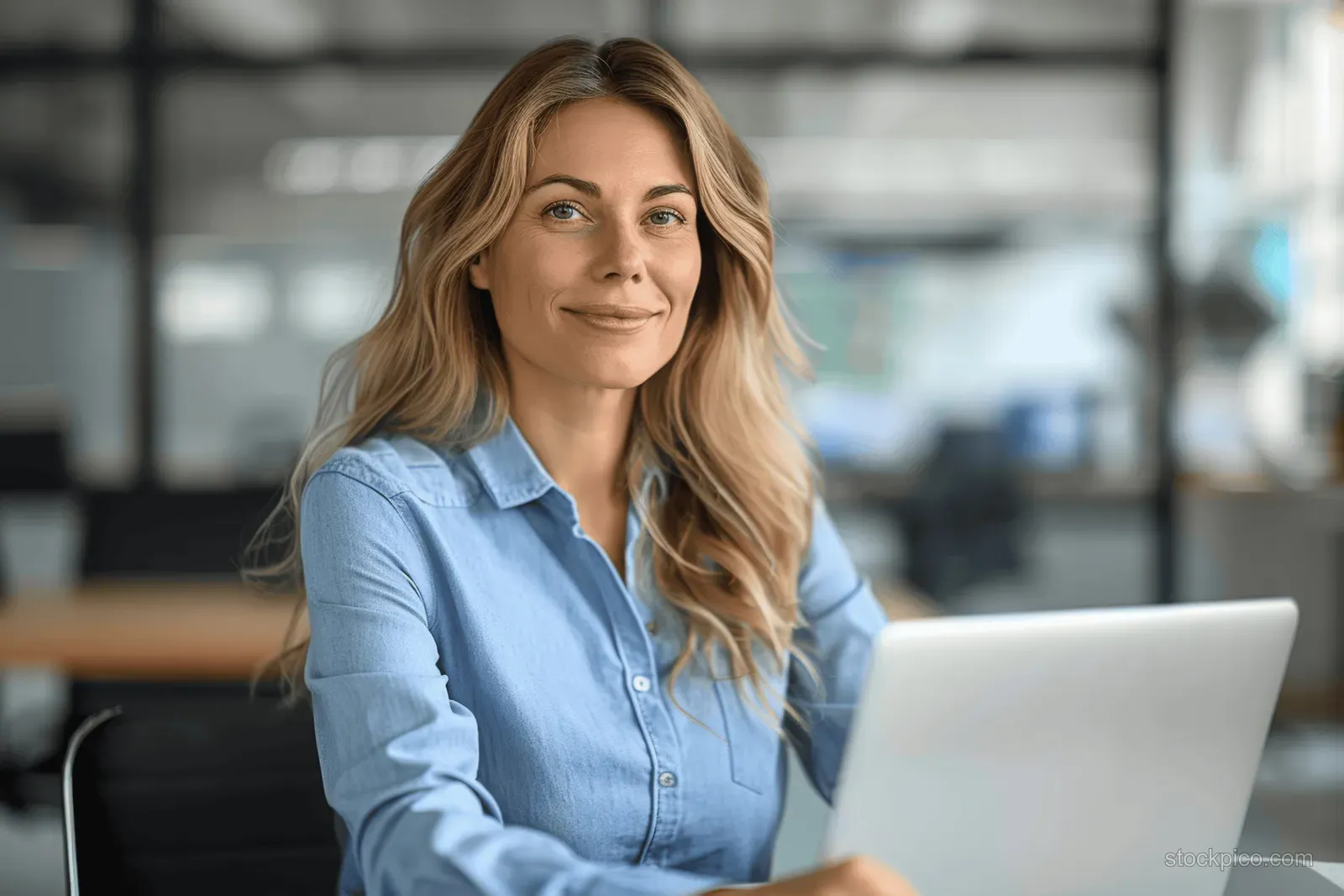 Smiling HR manager woman works on a laptop at a desk in a bright modern office with glass walls.