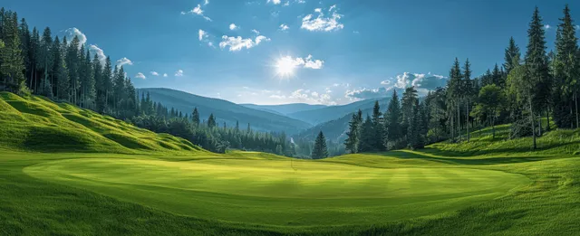 Golf cart on a resort fairway with mountains and pine forest under blue sky