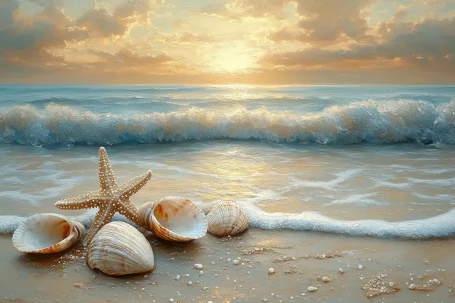 Starfish and seashells rest on golden sand in the foreground while foamy waves lap at the shore.