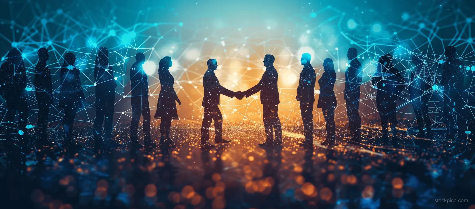 Silhouetted business team completes a handshake with glowing global network and data overlays in the background.