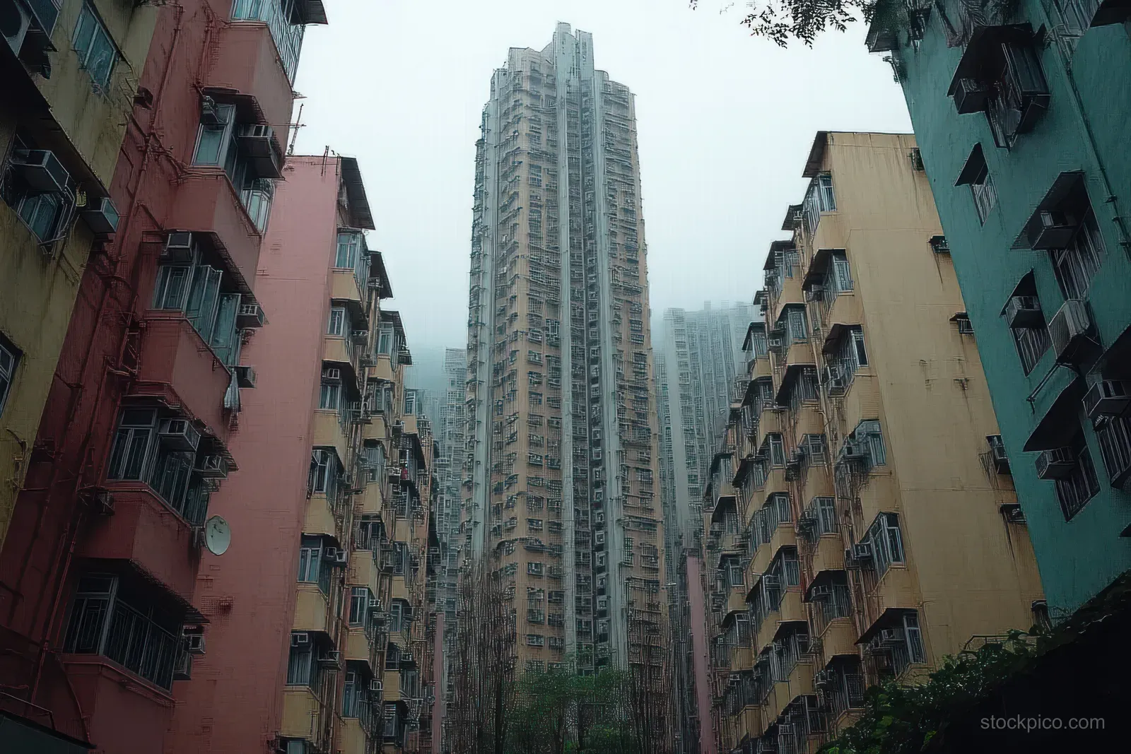 Foggy high-rise apartment buildings surround a narrow courtyard with many windows and air conditioner units.
