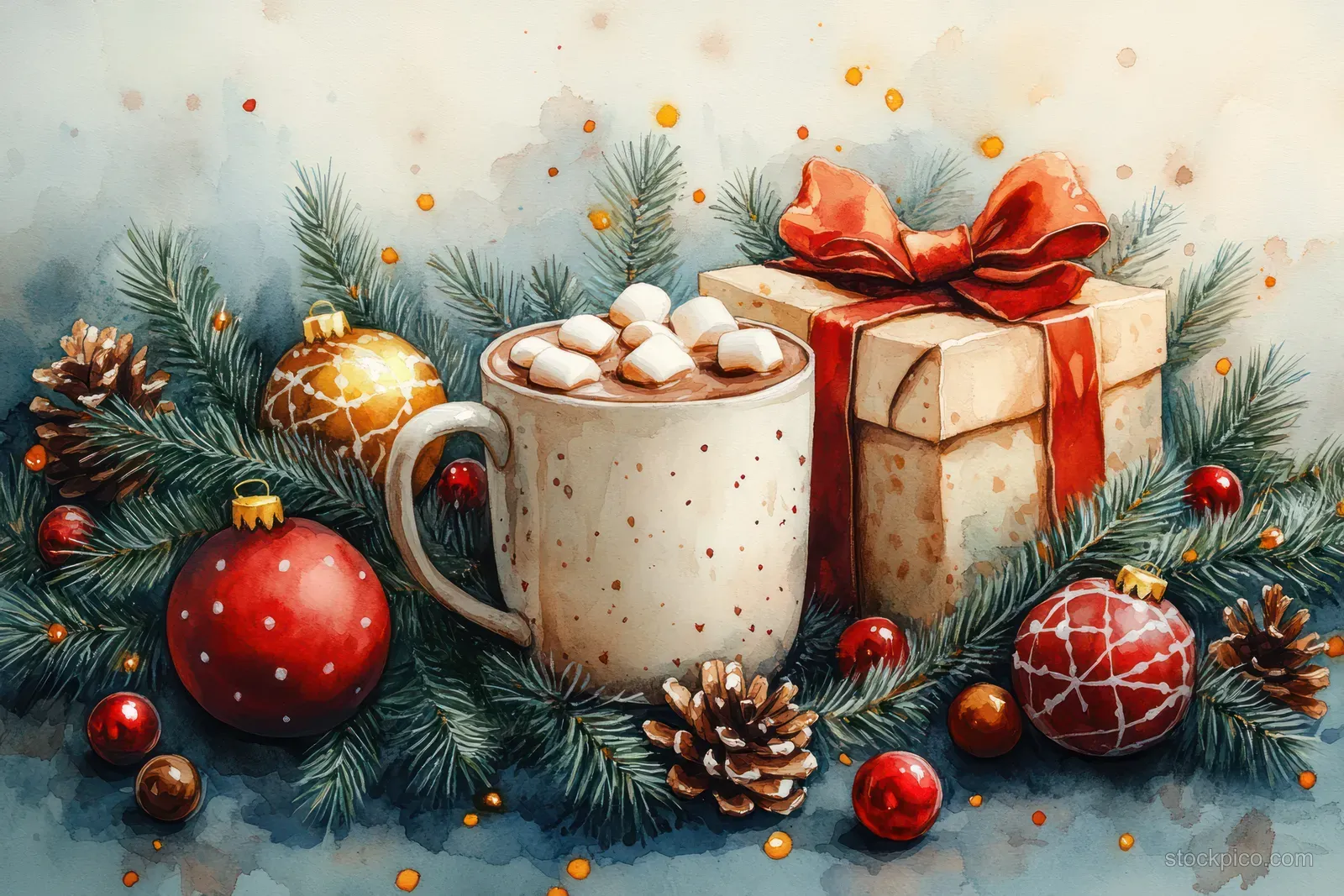 Watercolor Christmas scene with a hot chocolate cup, wrapped gifts, pine branches, and hanging ornaments on a winter background.