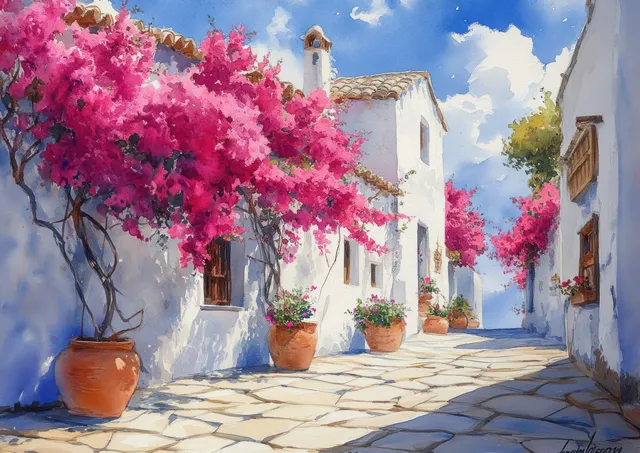 Watercolor Mediterranean street with whitewashed houses, cobbled path, and bright bougainvillea trees in summer sunlight.