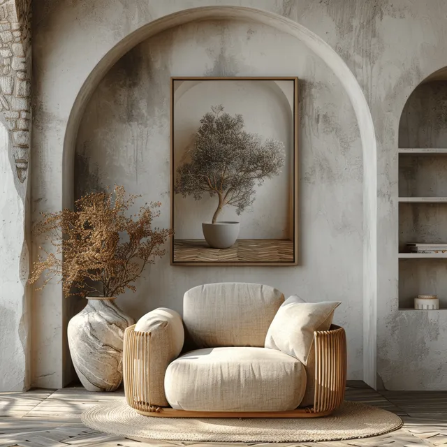 Minimalist living room scene with armchair, arched wall niche, and framed tree print