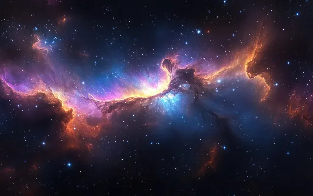 Orange, purple, and blue nebula clouds glow across a dark starfield in deep space.
