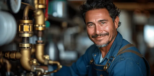 Smiling plumber adjusts a water pump pipe connection inside a modern kitchen