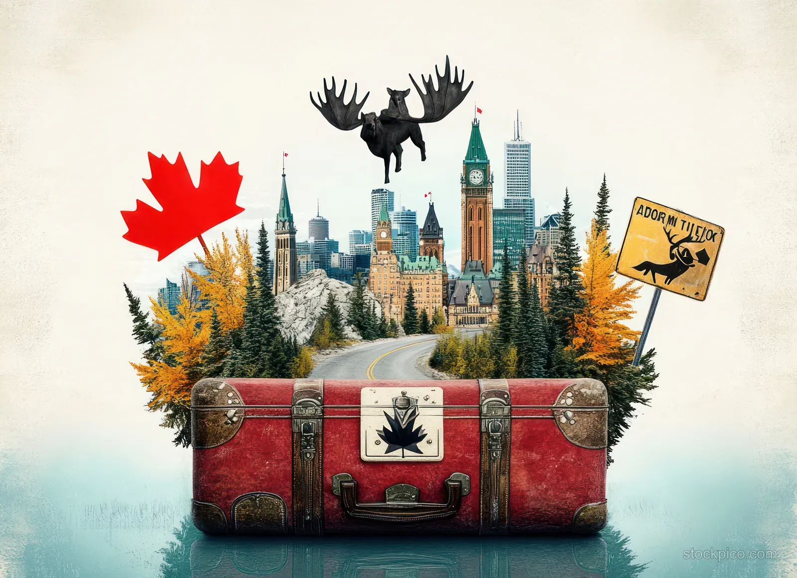 A vintage red suitcase opens to reveal Canadian skyline, fall trees, a road, and a floating moose near a moose crossing sign.