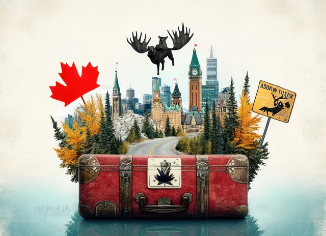 A vintage red suitcase opens to reveal Canadian skyline, fall trees, a road, and a floating moose near a moose crossing sign.