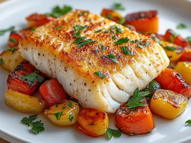 Golden-seared white fish fillet garnished with parsley on a plate of roasted carrots and potatoes.