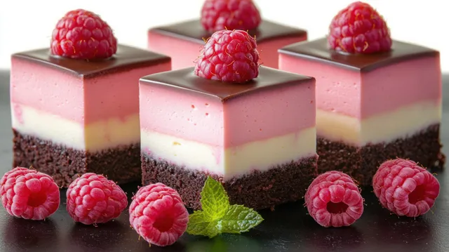 Layered chocolate and raspberry mousse squares topped with raspberries and mint on a dark background.