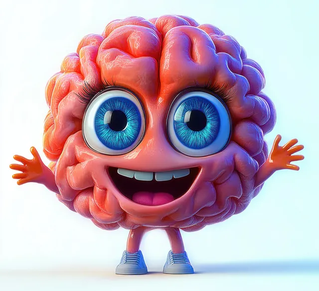 Cheerful cartoon brain character with big blue eyes, smiling widely with arms spread on a light background.