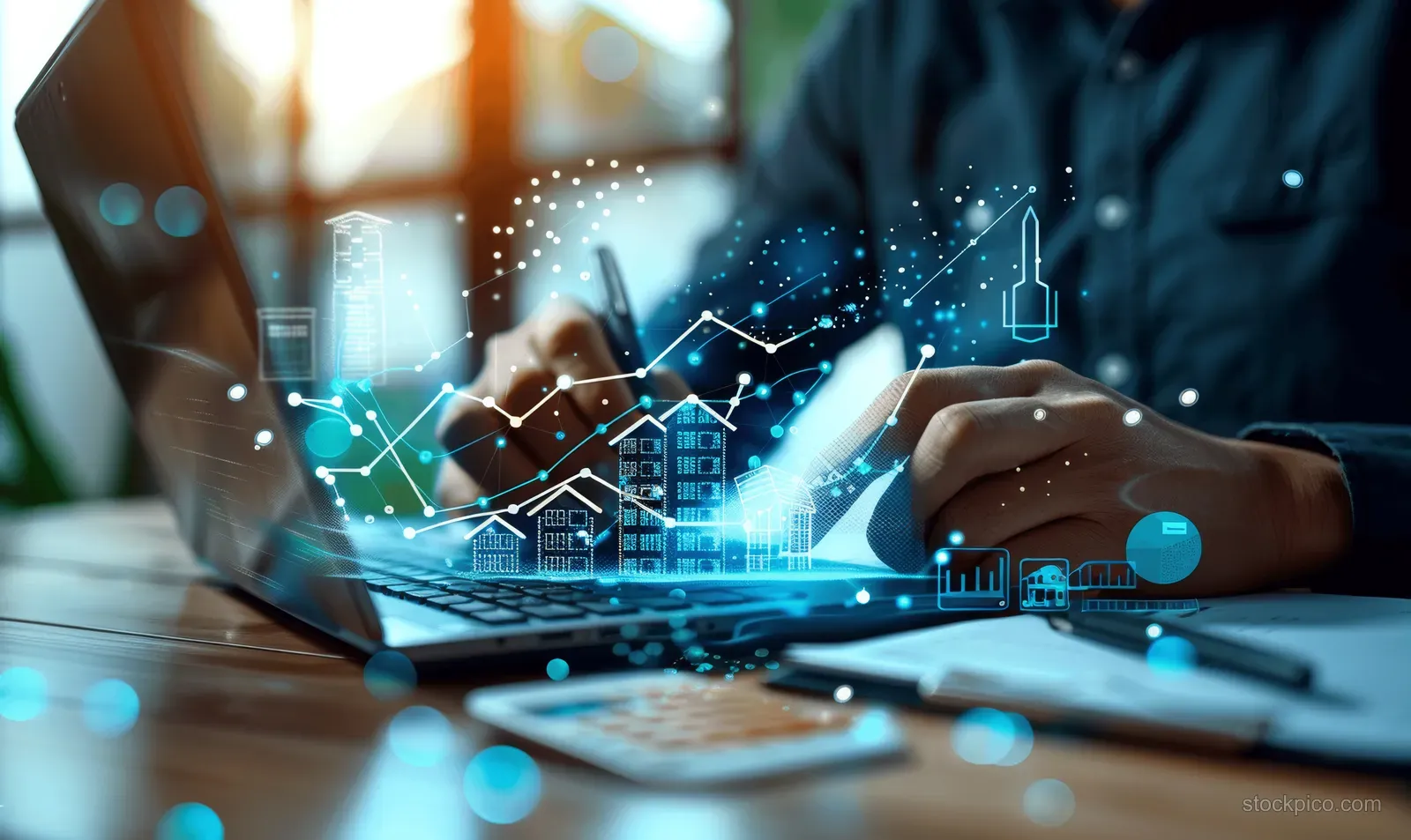 A broker’s hands use a laptop with glowing house icons and market graphs hovering over paperwork.