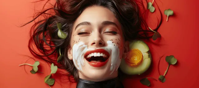 Laughing Vampire Woman in Black Leather Cape and Red Background, Halloween Facial Makeup