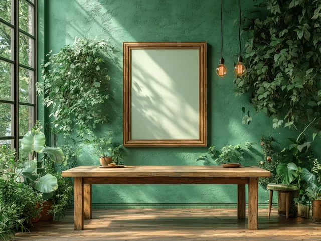Rustic dining room scene with empty framed artwork and warm Edison bulbs
