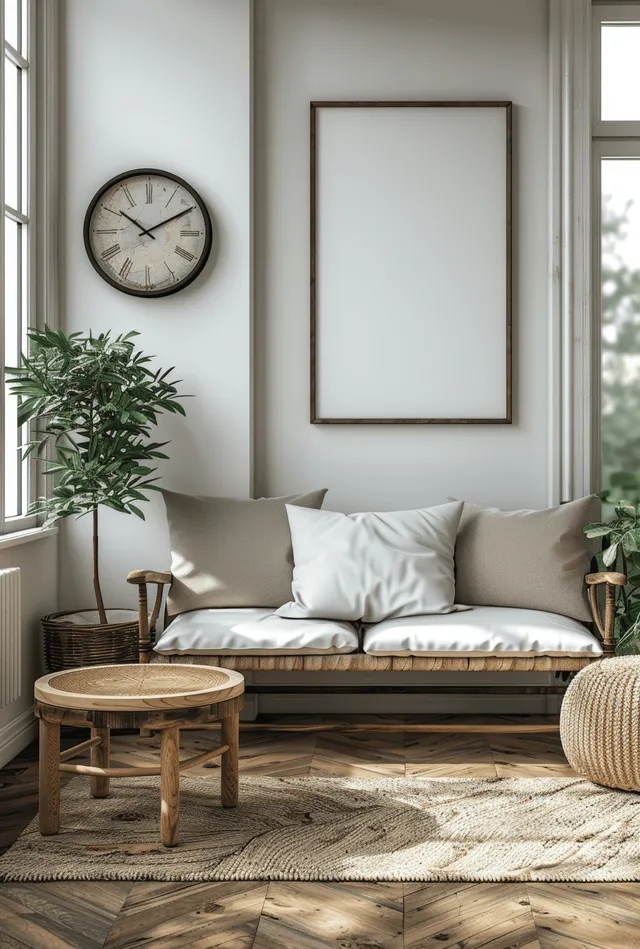 Nordic living room interior with rattan side tables and blank frame on white wall