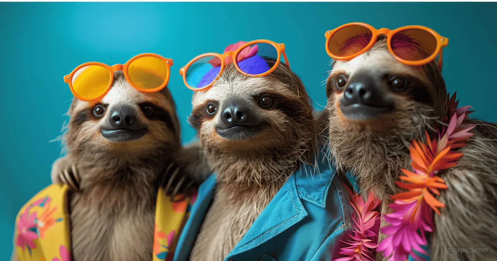 Three sloths wearing orange sunglasses and tropical shirts pose together beside bright tropical leaves.