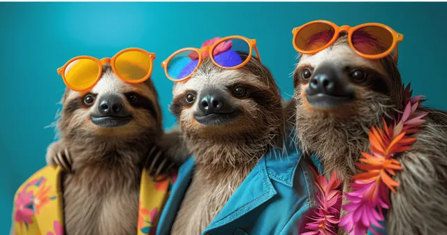Three sloths in tropical outfits wearing orange sunglasses pose side by side