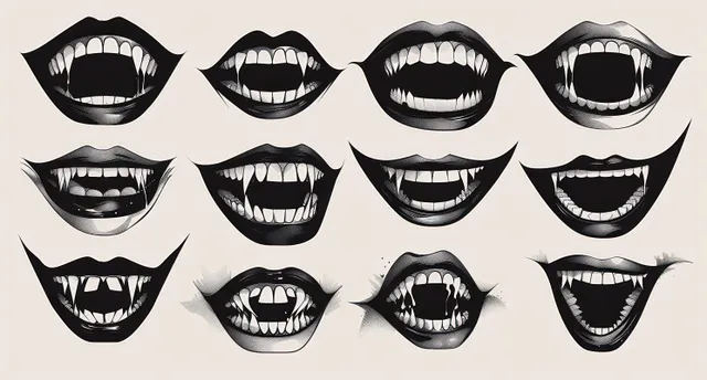 Twelve black and white open mouths showing vampire fangs in varied bite expressions