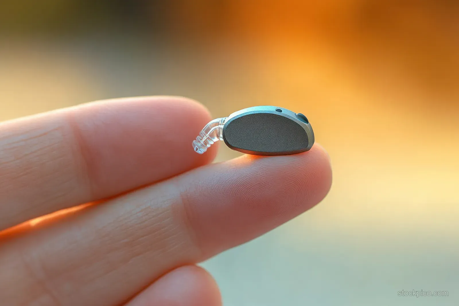 A senior woman's fingers hold a behind-the-ear hearing aid with a softly blurred background.