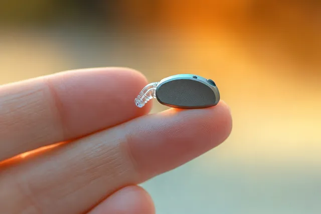 A senior woman's fingers hold a behind-the-ear hearing aid with a softly blurred background.