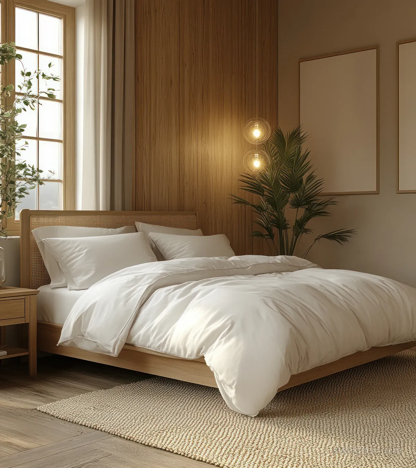 Scandinavian bedroom with a double bed, blank wall poster frame, potted plant, and warm daylight through a window.
