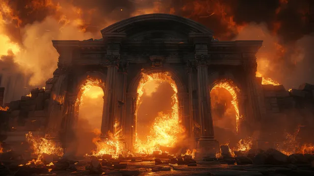 Ancient stone gate arches burning with orange flames and smoke against a dark night background.