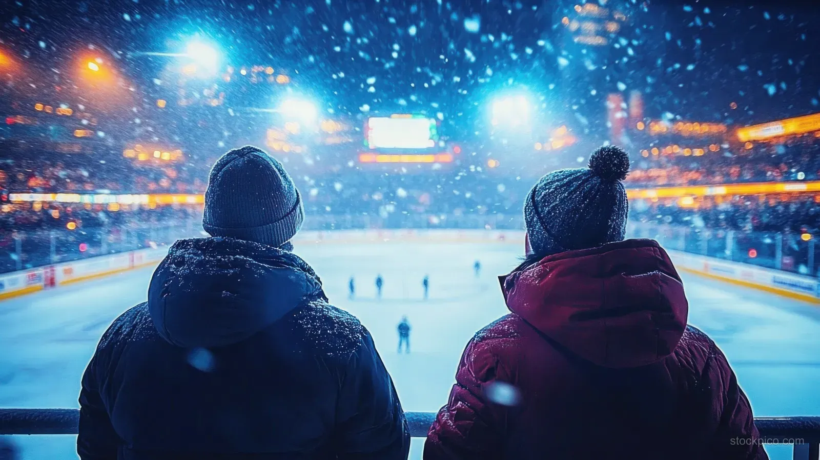 Two people in winter hats watch an outdoor ice hockey game at night as snow falls under bright stadium lights.