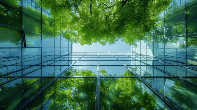 Looking up inside a glass office atrium where green tree leaves fill the skylight and reflective window walls frame the view.
