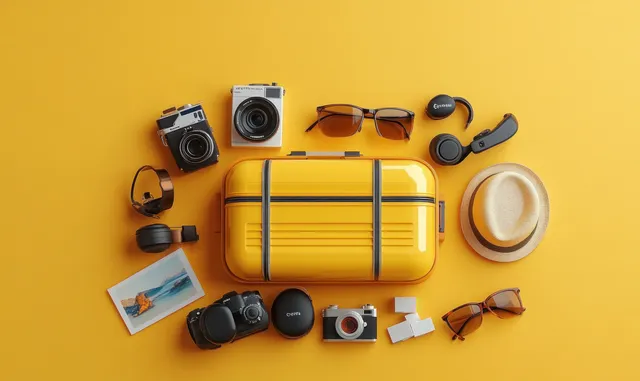 Yellow suitcase with sunglasses, camera, and travel items arranged flat on vivid background