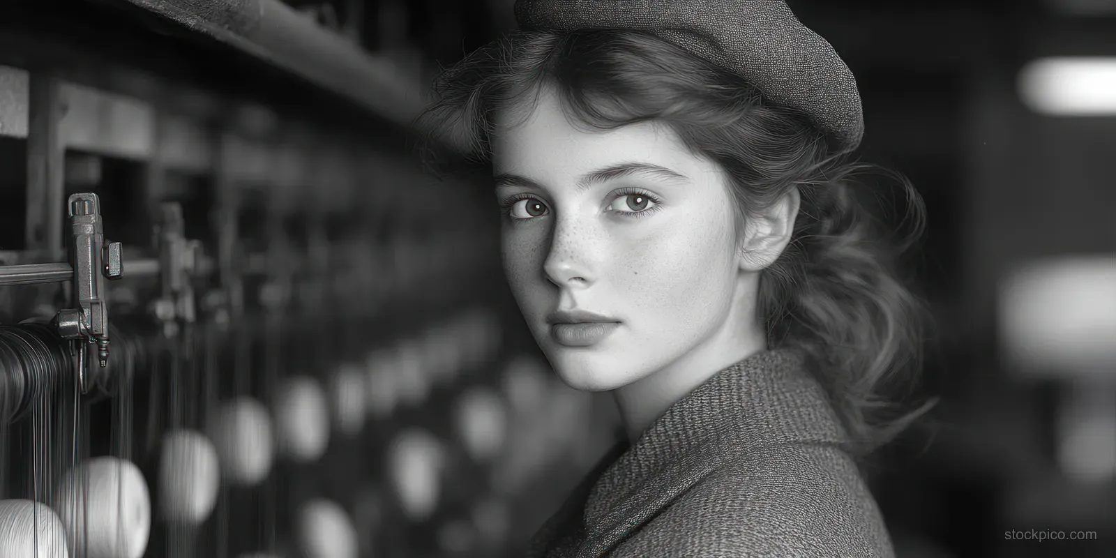 Freckled young woman in a beret looks thoughtfully at the camera in a black and white industrial workshop with machinery rows behind her.