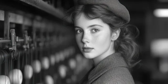 Freckled young woman in a beret looks thoughtfully at the camera in a black and white industrial workshop with machinery rows behind her.