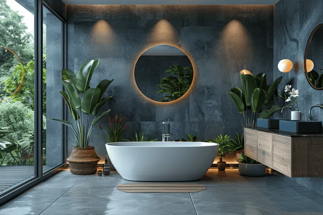 Freestanding bathtub under a round mirror with green plants in a bright modern bathroom