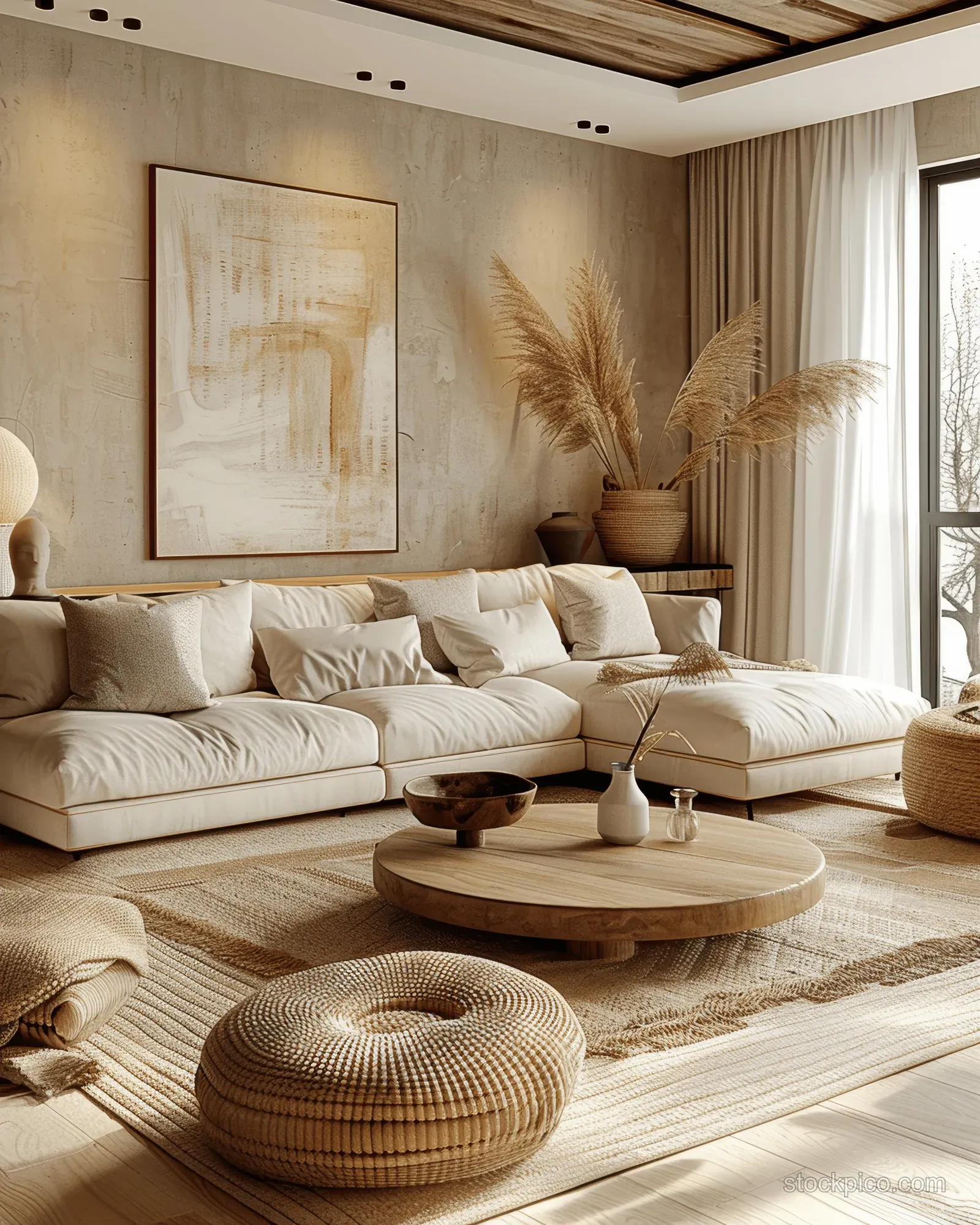 White sectional sofa sits in a Scandinavian living room with beige walls, woven rug, and a round wooden coffee table by the window.