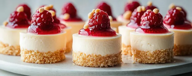 Mini cheesecakes topped with raspberry sauce and fresh raspberries arranged on a round stone serving tray.