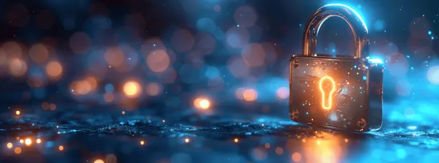 Fingerprint scan unlocking a glowing padlock over a cyber network background