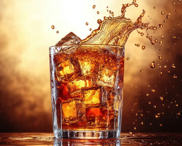 Clear tumbler packed with ice cubes as dark liquid splashes out under warm golden light.